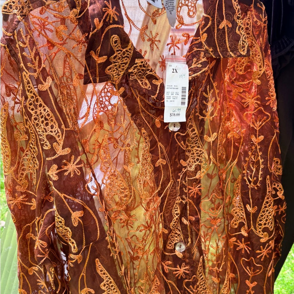 Stylish Silk Maggie Barnes Sheer Embroidered Brown and Copper Button-Up
